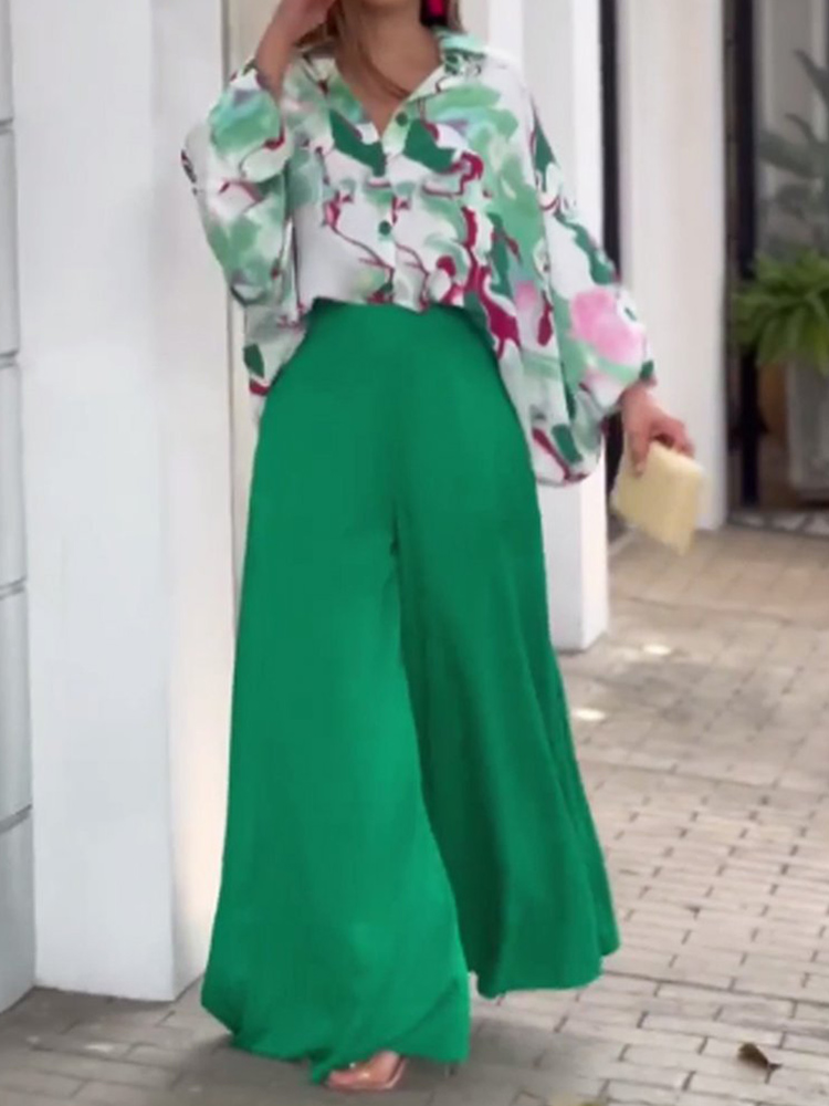 Summer Womens Two Piece Sets Elegant Long Puff Sleeve Shirt Wide Leg Pants Female Suits  Print Loose Casual Trouser Suit