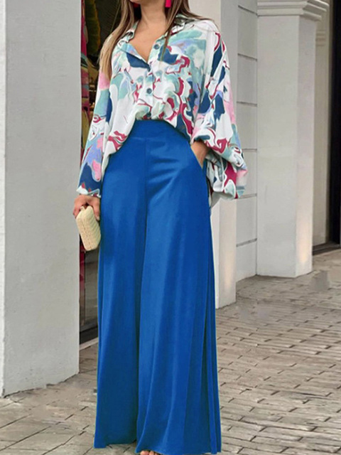 Summer Womens Two Piece Sets Elegant Long Puff Sleeve Shirt Wide Leg Pants Female Suits  Print Loose Casual Trouser Suit