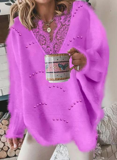 V-neckline Solid Color Casual Lace H-line Sweaters