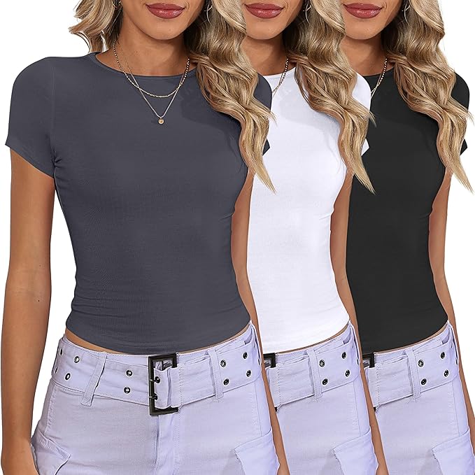 3 Pcs Women's Short Sleeve Crop Tops, Boat Neck Slim Fitted Cropped Shirts Workout Basic Tops