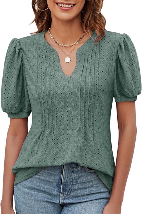 Womens Short Sleeve Summer Tops, 2024 Fashion Eyelet Tunic Blouse, V Neck Puff Sleeve Pleated T Shirts