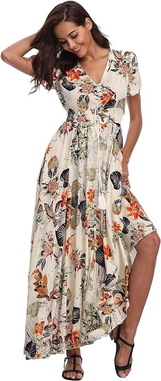Women's Floral Print Maxi Dresses Boho Button Up Split Beach Party Dress