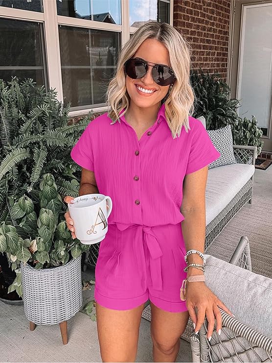 Women's Summer Short Sleeve Button Down Pockets Belted Elastic Waist Solid Color Jumpsuits Rompers