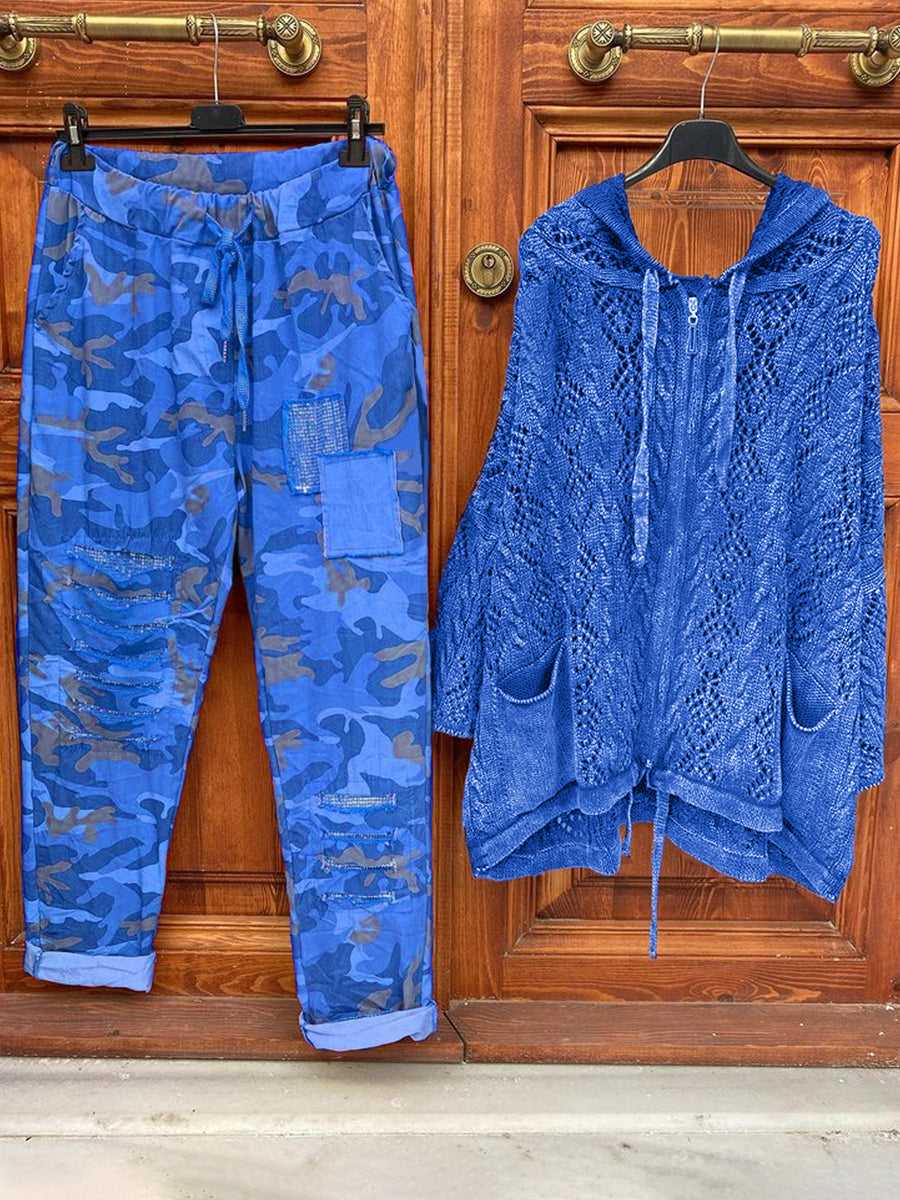 Zipper Hooded Coat And Camouflage Pants Set
