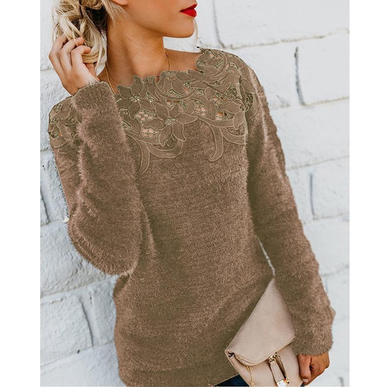 Solid Lace Splice Long Sleeve Plush Sweater