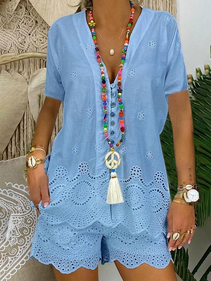 Fashionable Solid Color Hollow Short Sleeve Casual Suit