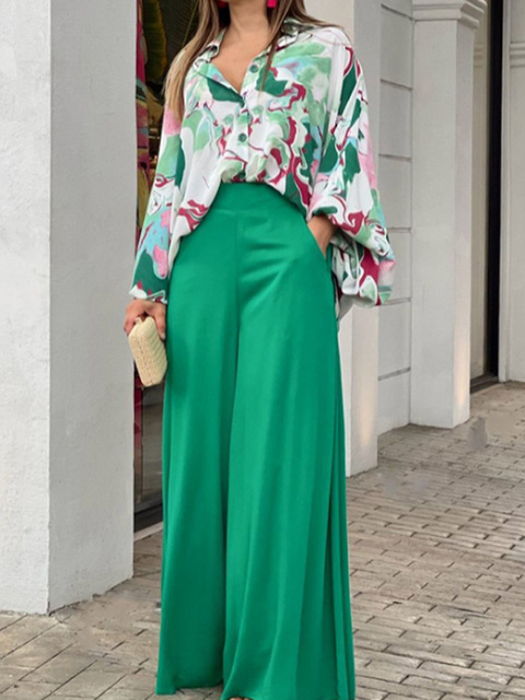 Summer Womens Two Piece Sets Elegant Long Puff Sleeve Shirt Wide Leg Pants Female Suits  Print Loose Casual Trouser Suit