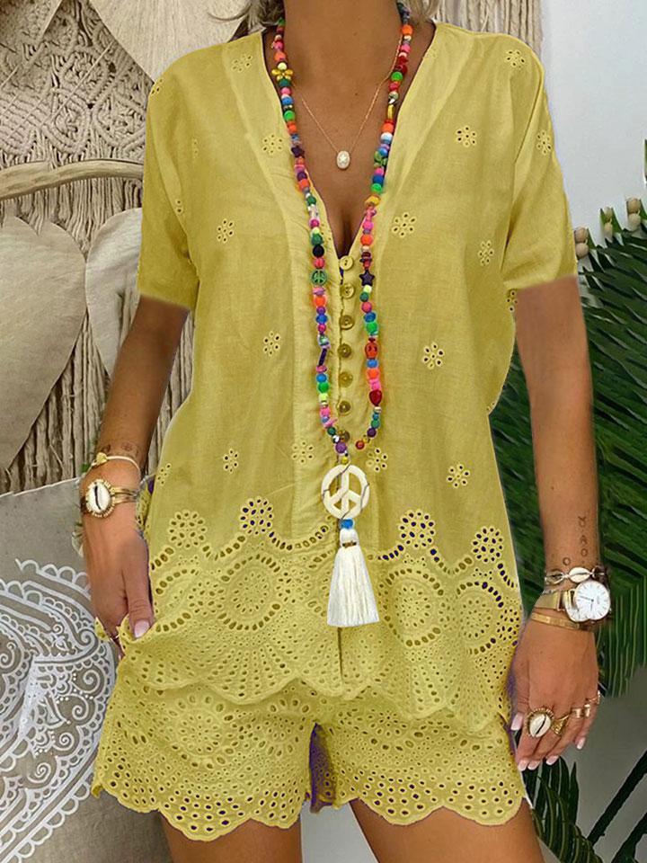 Fashionable Solid Color Hollow Short Sleeve Casual Suit