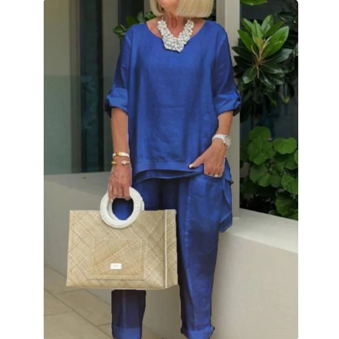 Women's Casual Solid Linen Sleeve Top Slacks Suit