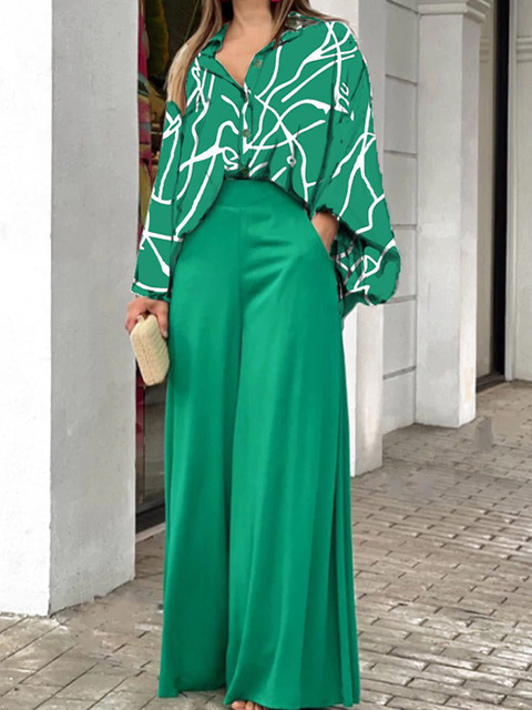 Summer Womens Two Piece Sets Elegant Long Puff Sleeve Shirt Wide Leg Pants Female Suits  Print Loose Casual Trouser Suit