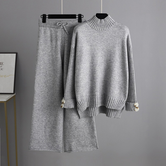 Knitted Women Casual Wide Leg Pants Two Piece Set Loose Button Design Pullover And Drawstring Trouser Ladies Suit Winter Fashion