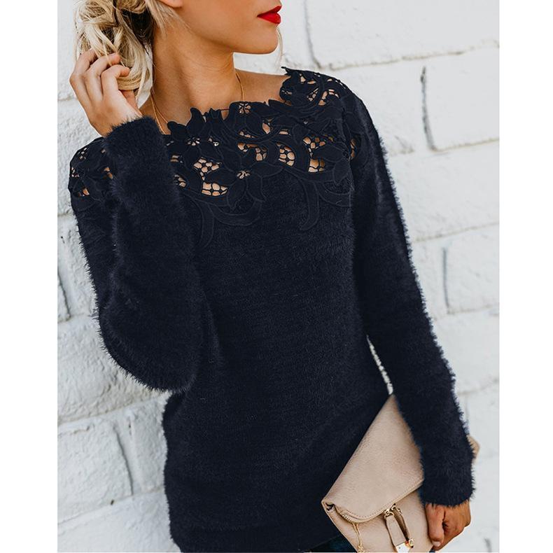 Solid Lace Splice Long Sleeve Plush Sweater