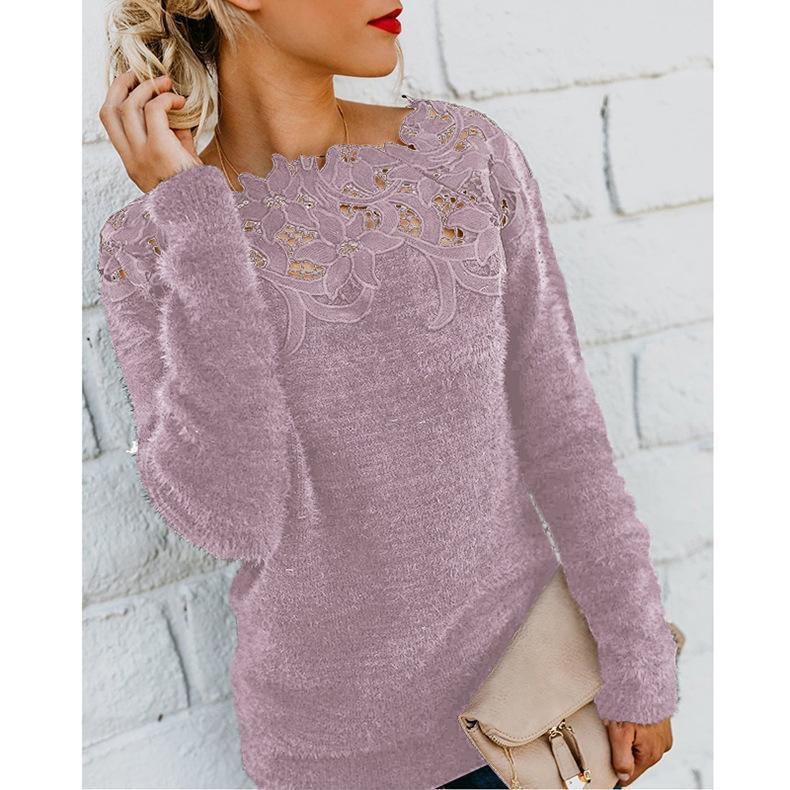 Solid Lace Splice Long Sleeve Plush Sweater