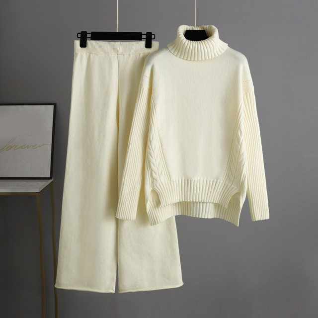 Knitted Women Casual Wide Leg Pants Two Piece Set Loose Button Design Pullover And Drawstring Trouser Ladies Suit Winter Fashion