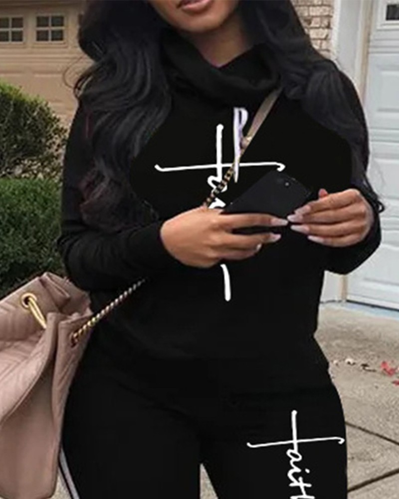 Plus Size Letter Print Long Sleeve Hoodie & Pants Set