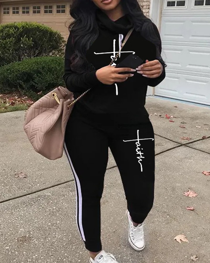 Plus Size Letter Print Long Sleeve Hoodie & Pants Set