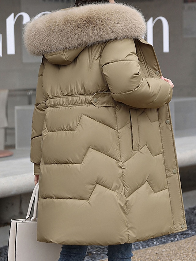 Women's Parka Winter Long Puffer Jacket Fall Windproof Warm Zipper Coat with Pocket Fur Collar Hood Modern Casual Street Style Plain Regular Fit Outerwear Long Sleeve Black White Pink