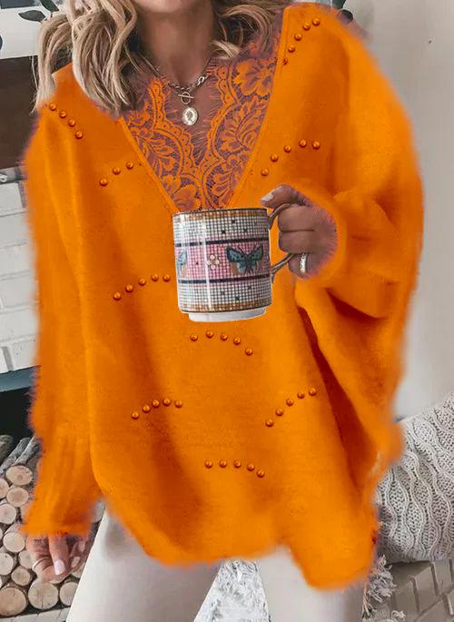 V-neckline Solid Color Casual Lace H-line Sweaters