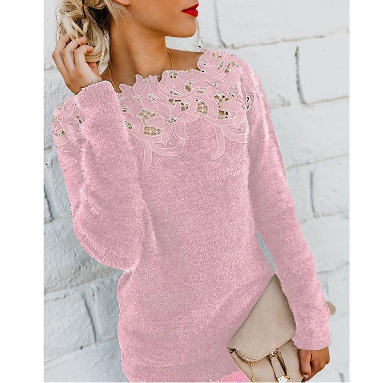 Solid Lace Splice Long Sleeve Plush Sweater