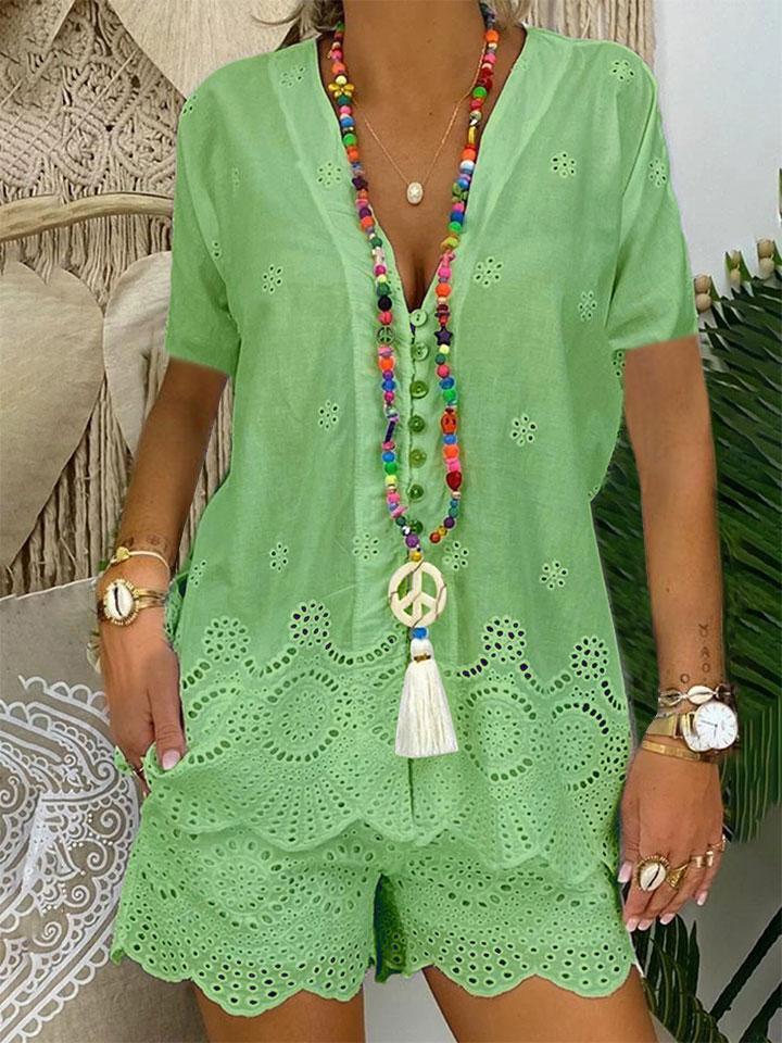 Fashionable Solid Color Hollow Short Sleeve Casual Suit