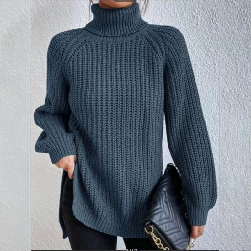 Black Friday Sale - 49% off-Cotton Turtleneck Raglan Sleeve Split Hem Sweater