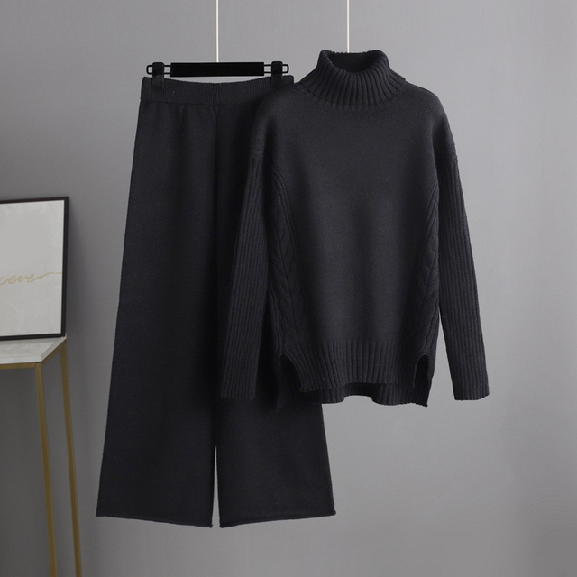 Knitted Women Casual Wide Leg Pants Two Piece Set Loose Button Design Pullover And Drawstring Trouser Ladies Suit Winter Fashion