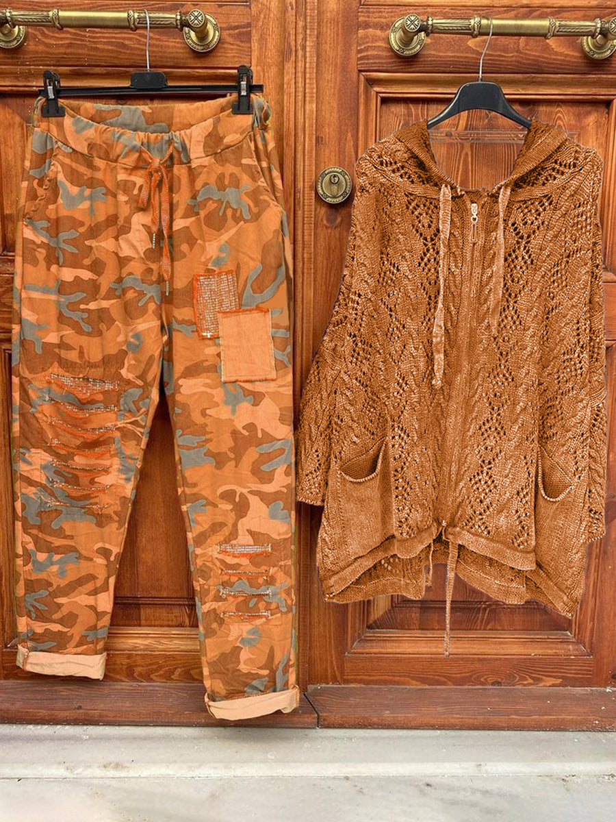 Zipper Hooded Coat And Camouflage Pants Set