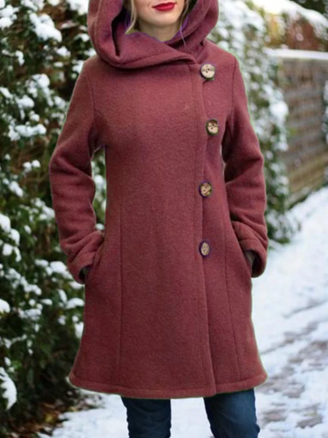 Hoodie Solid Buttoned Casual Jacket Coat