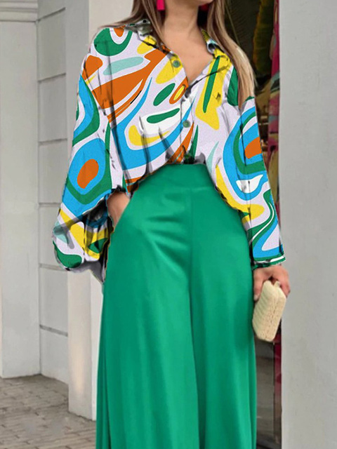 Summer Womens Two Piece Sets Elegant Long Puff Sleeve Shirt Wide Leg Pants Female Suits  Print Loose Casual Trouser Suit