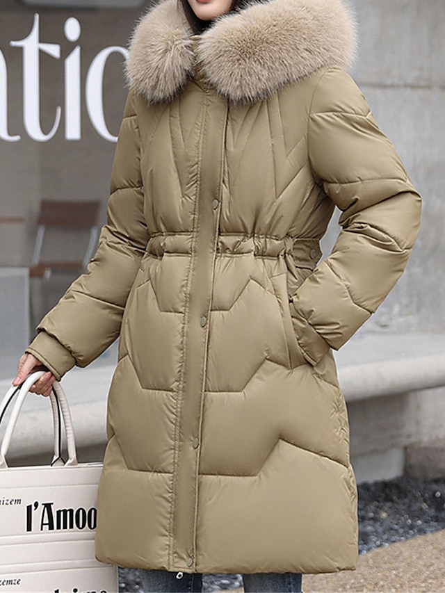 Women's Parka Winter Long Puffer Jacket Fall Windproof Warm Zipper Coat with Pocket Fur Collar Hood Modern Casual Street Style Plain Regular Fit Outerwear Long Sleeve Black White Pink