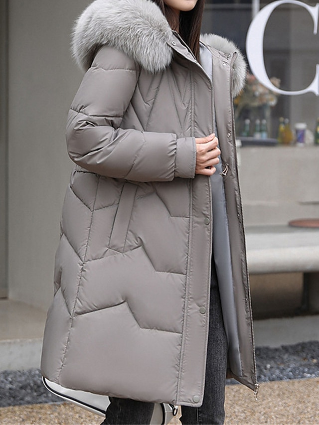 Women's Parka Winter Long Puffer Jacket Fall Windproof Warm Zipper Coat with Pocket Fur Collar Hood Modern Casual Street Style Plain Regular Fit Outerwear Long Sleeve Black White Pink