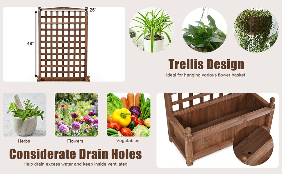 Outdoor Freestanding Wood Raised Garden Bed Planter Box with Trellis