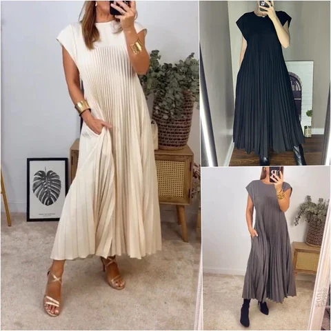 🔥Hot sale 49% OFF🔥2024Women Pleated Simple Solid Colour Dress