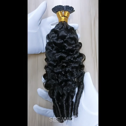 K-Tip Hair Extensions - #1B French Curly Human Hair