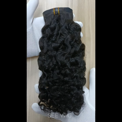 PU Clip In Hair Extensions - #1B Burmese Curly Human Hair