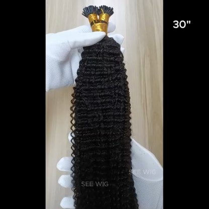 I-Tip Hair Extensions - #1B Kinky Curly Human Hair