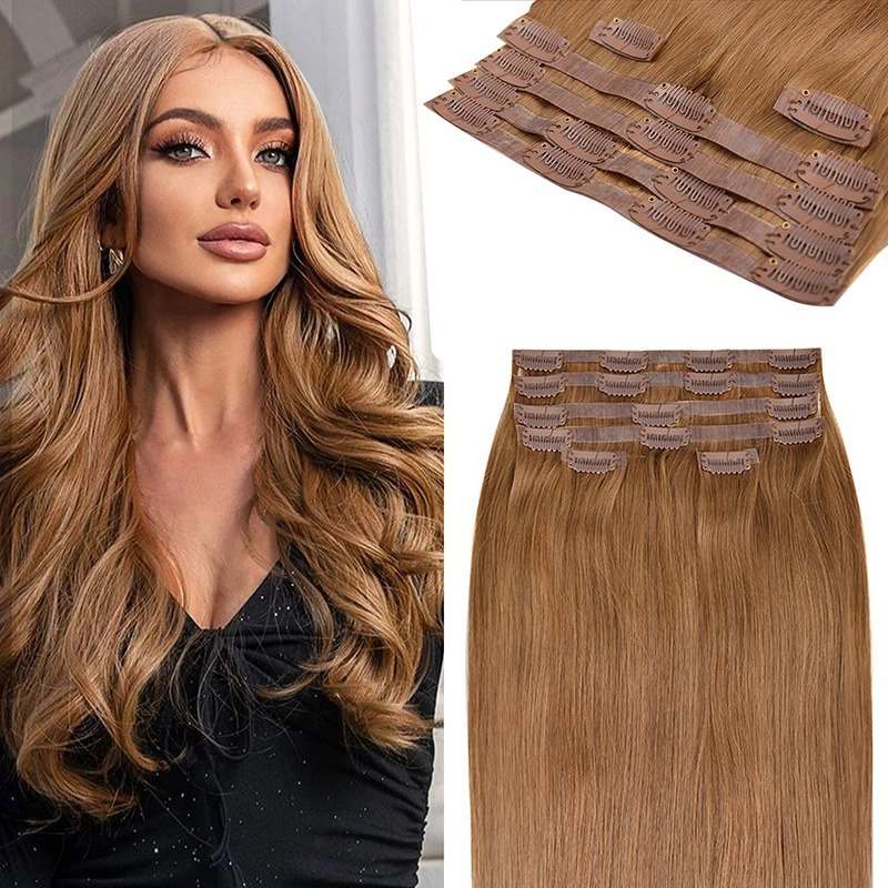 PU Clip In Hair Extensions - #8 Straight Human Hair