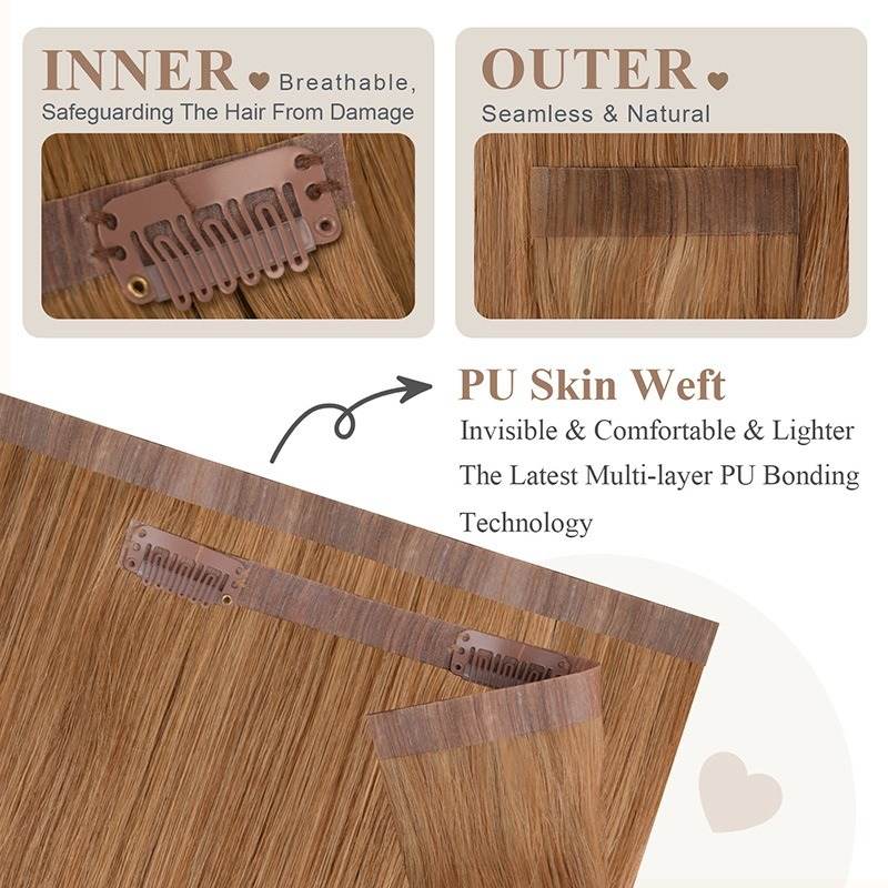 PU Clip In Hair Extensions - #8 Straight Human Hair