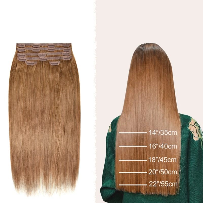 PU Clip In Hair Extensions - #8 Straight Human Hair