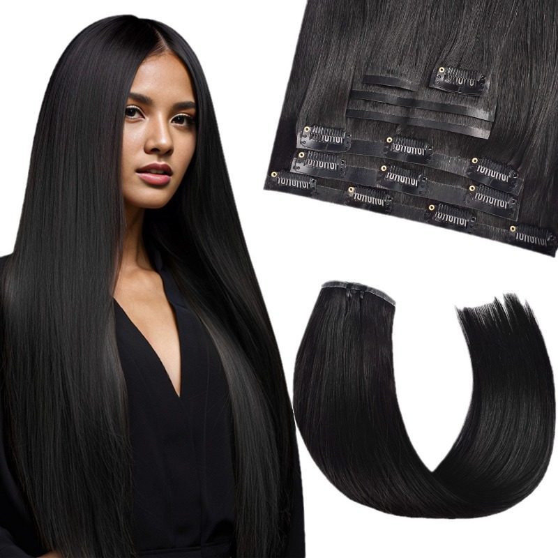 Clip In Hair Extensions - #1B Straight Human Hair(Thinner Weft)