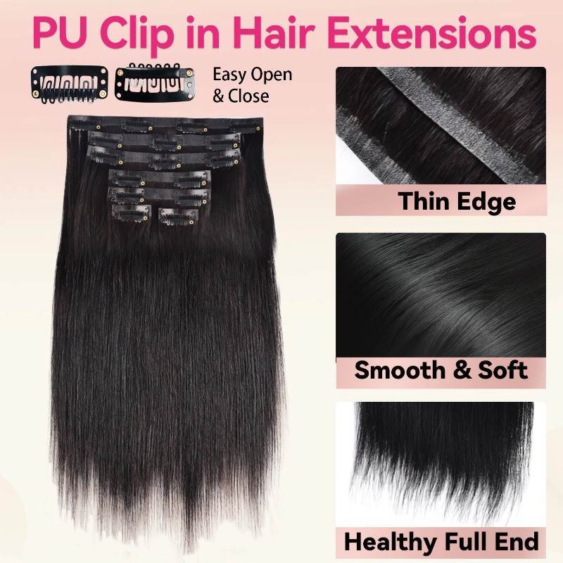 Clip In Hair Extensions - #1B Straight Human Hair(Thinner Weft)