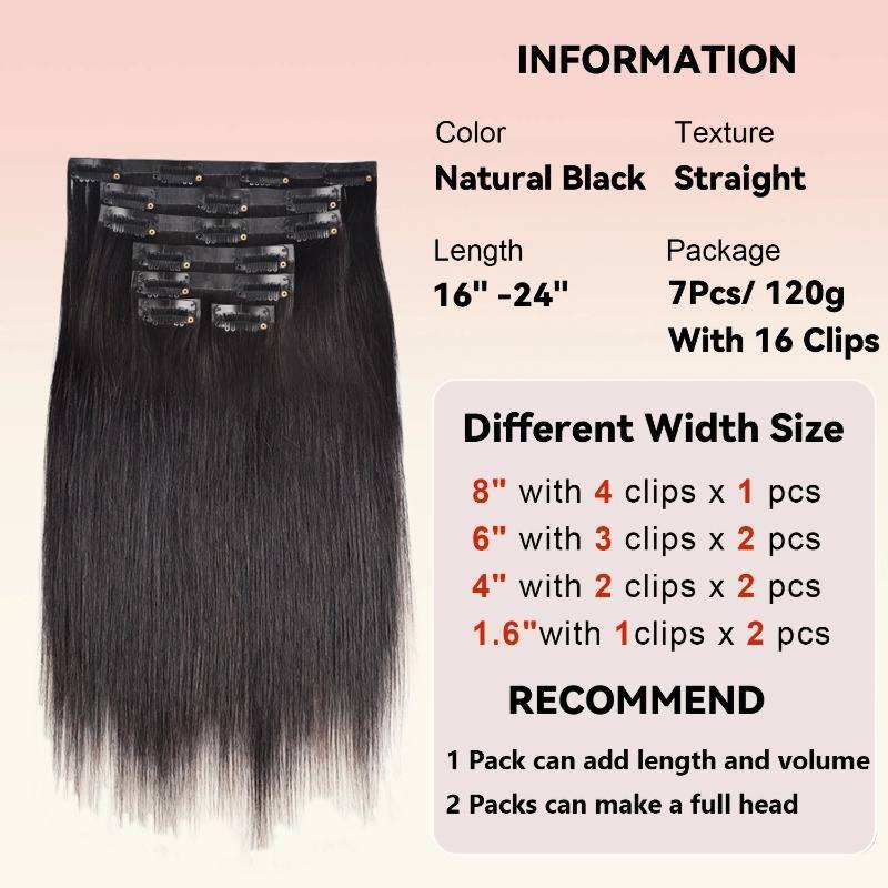 Clip In Hair Extensions - #1B Straight Human Hair