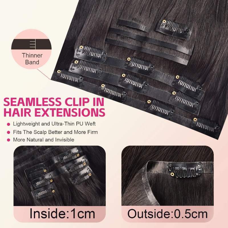 Clip In Hair Extensions - #1B Straight Human Hair(Thinner Weft)