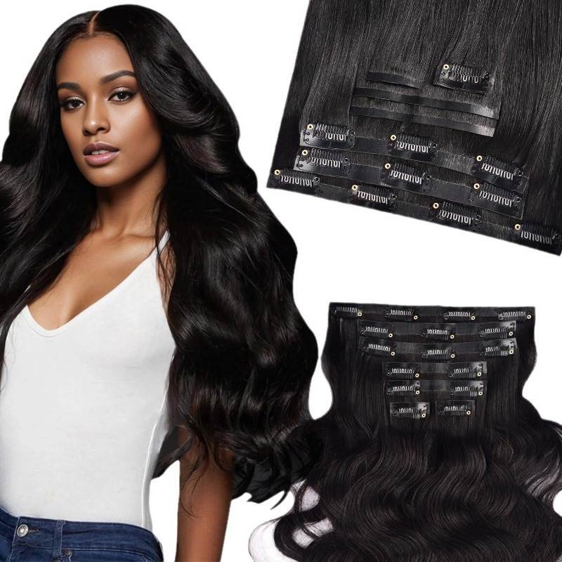 Clip In Hair Extensions - #1B Body Wave Human Hair(Thinner Weft)