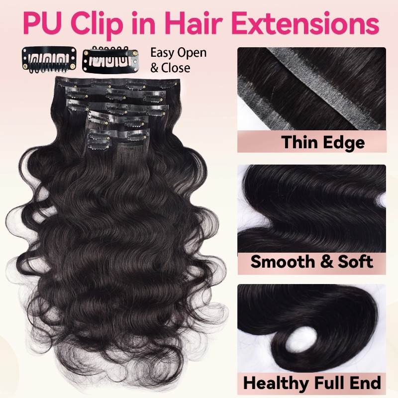 Clip In Hair Extensions - #1B Body Wave Human Hair(Ultra Thin Weft)