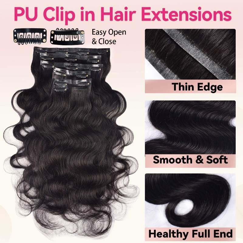 Clip In Hair Extensions - #1B Body Wave Human Hair(Thinner Weft)