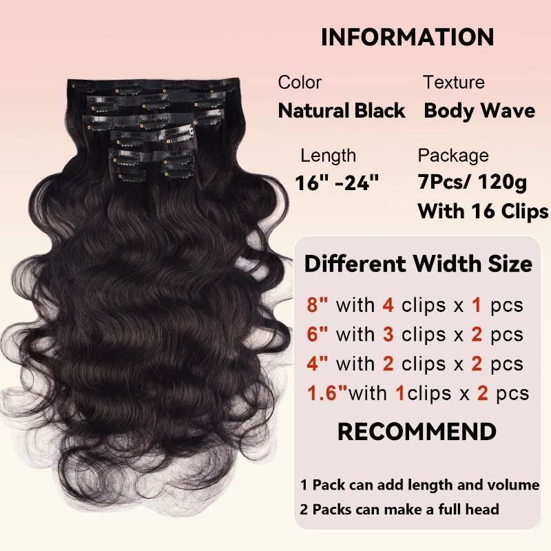Clip In Hair Extensions - #1B Body Wave Human Hair(Thinner Weft)