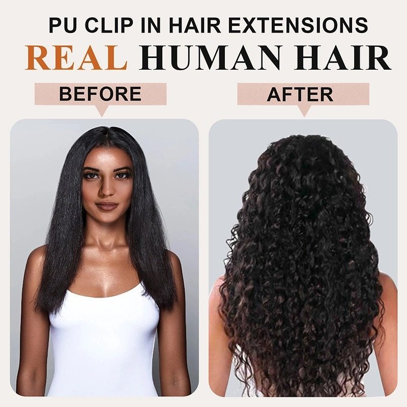PU Clip In Hair Extensions - #1B Deep Wave Human Hair