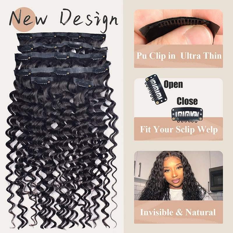 PU Clip In Hair Extensions - #1B Deep Wave Human Hair