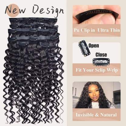 PU Clip In Hair Extensions - #1B Deep Wave Human Hair